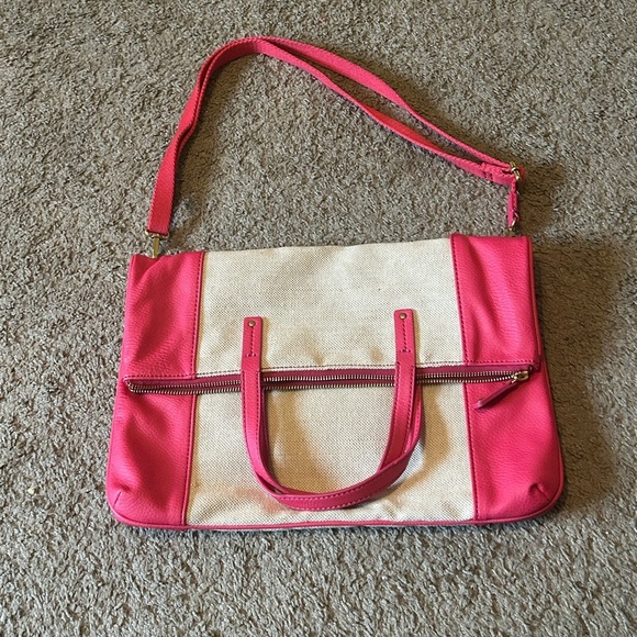 NWT Fossil Kira Pink Pebbled Faux Leather Fold Top Handle Bag Corssbody Canvas - Picture 2 of 11